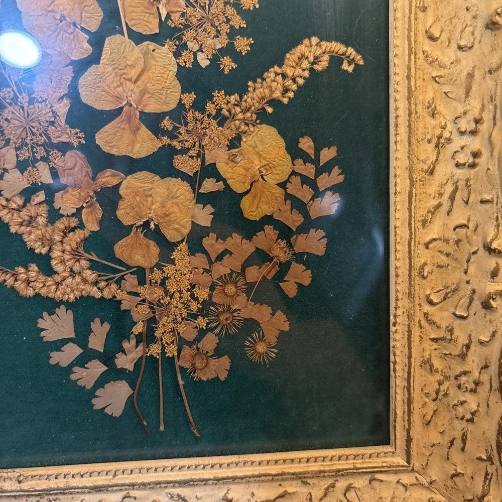 Vintage Framed Velvet Pressed Dried Flowers Wall Art Decor Original cottage Core